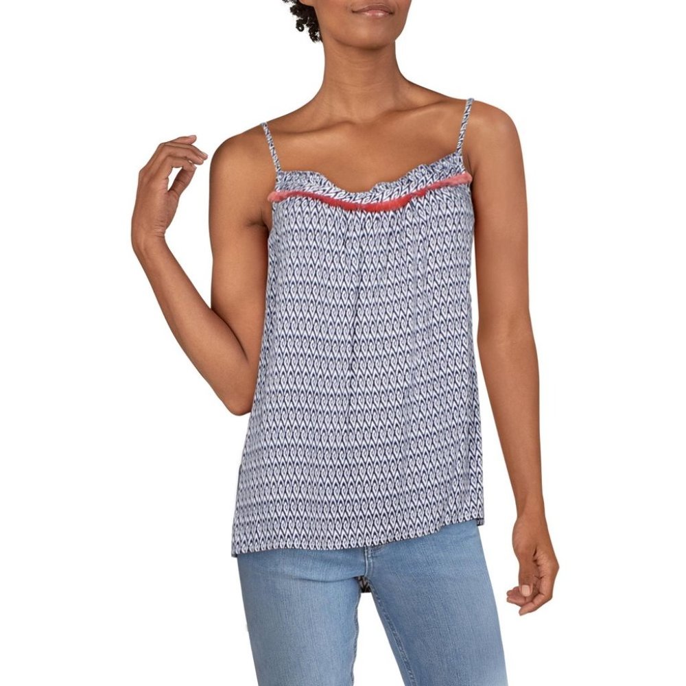 Blue Printed Spaghetti Strap Tank with Coral Trim